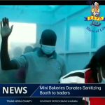 screenshot of ntv news, Mini Bakeries donates sanitizing booth to traders in Trans Nzoia County, with Governor Patrick Simiyu Khaemba present at the handover event"